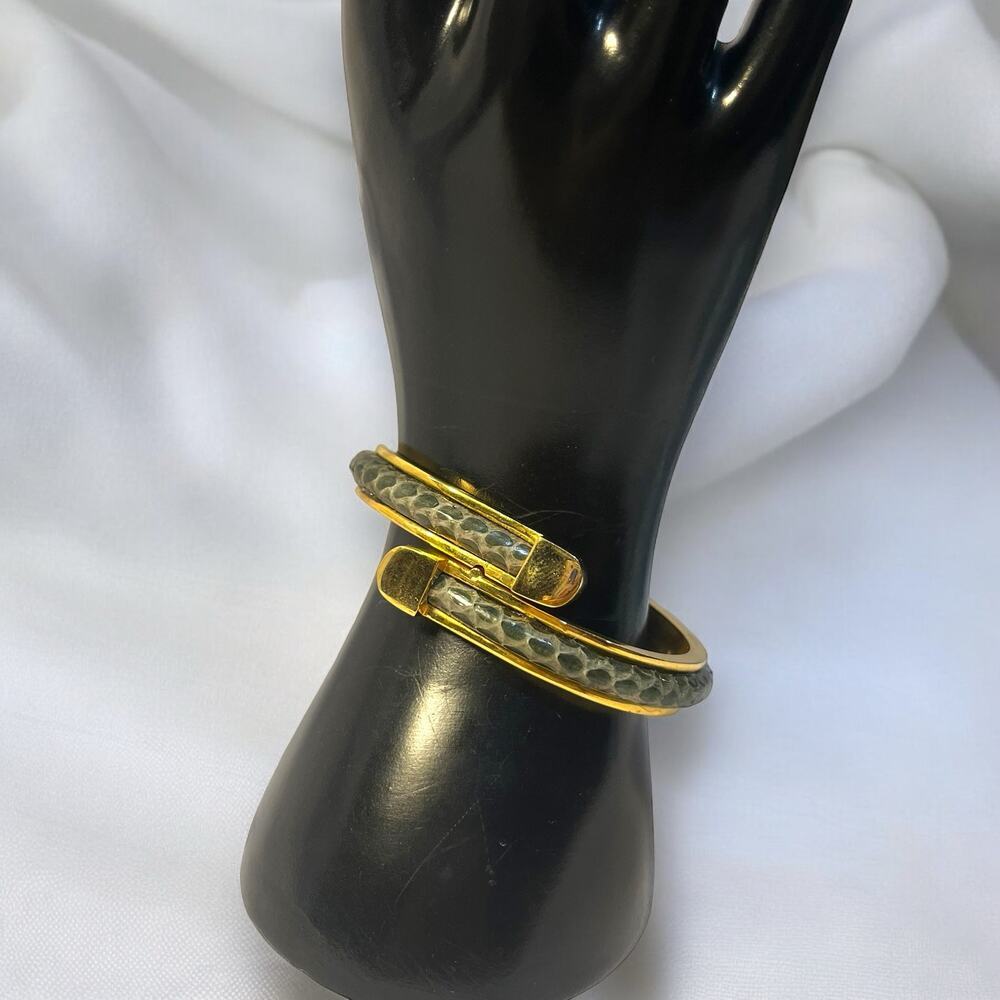 Vintage 80s Gold Plated Green Genuine Python Hinged Cuff Bracelet